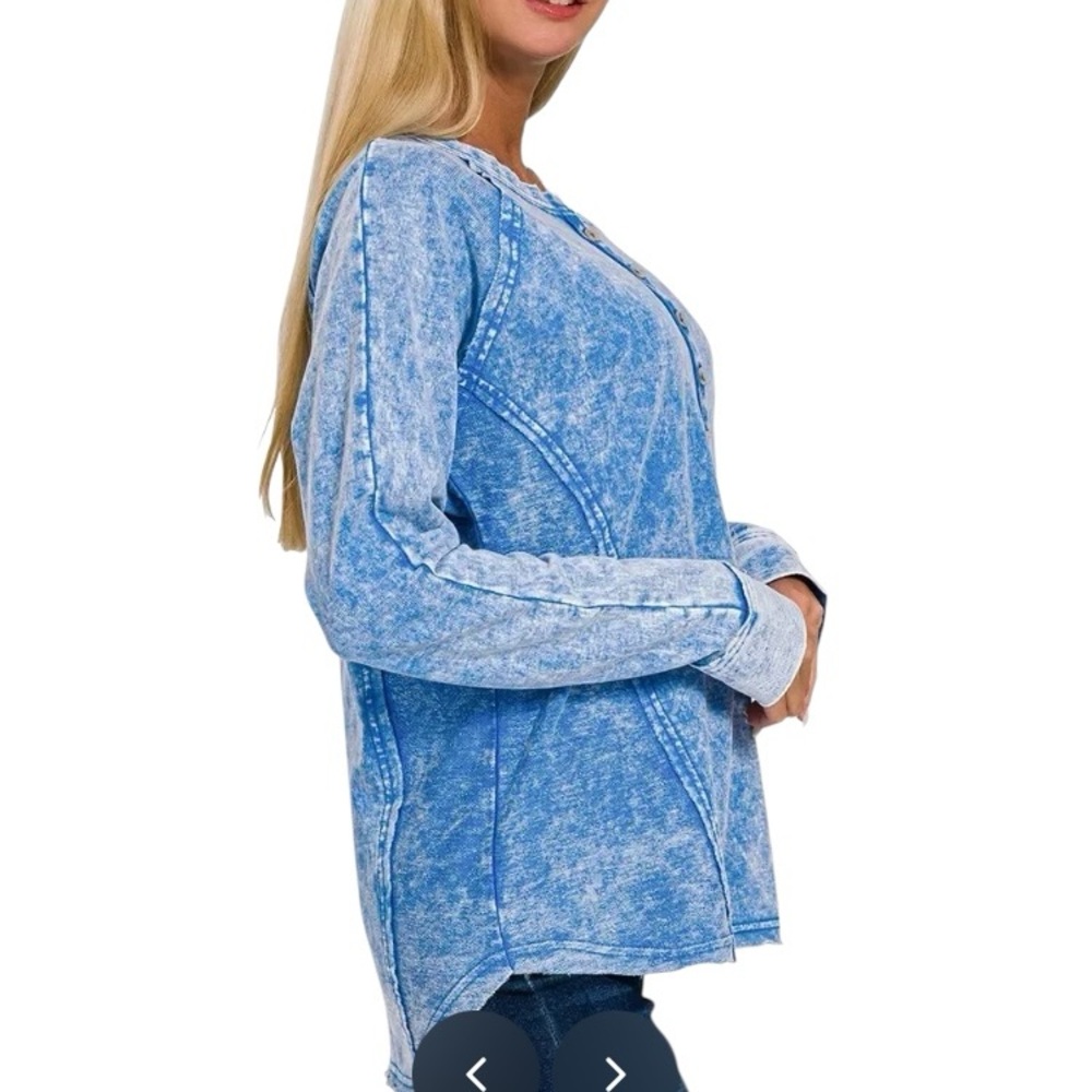 Zenana Henley Long Sleeve Top Blue Mineral-Wash French Terry - Picture 4 of 4